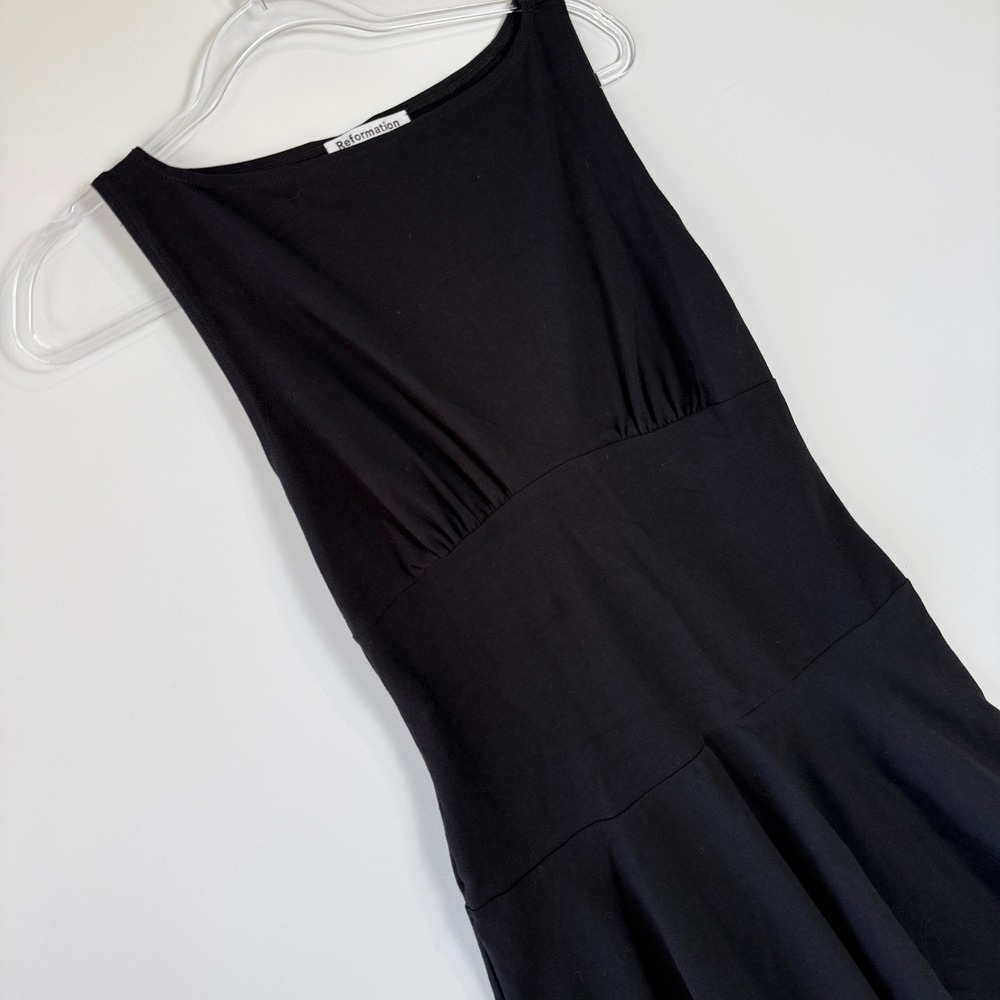 Reformation Mayve Knit Dress Womens Medium Black Organic Cotton Ruched Mini LBD - Picture 3 of 12
